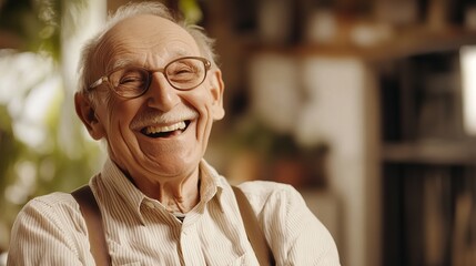 Close up of an elderly man with glasses smiling broadly wearing suspenders and a light colored shirt