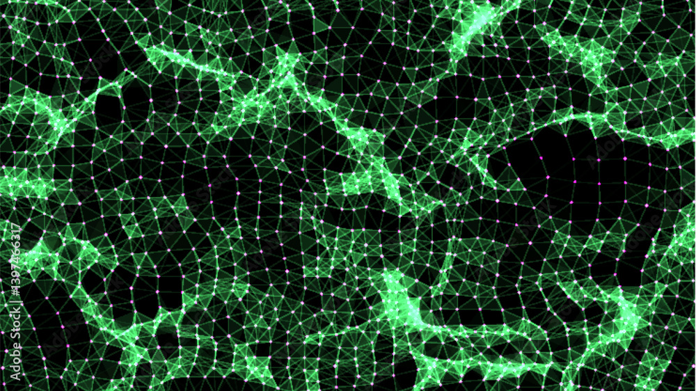 Poster abstract distorted wireframe wave. vector curve surface background. technology grid pattern. green m