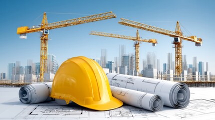 Vibrant construction scene with blueprints on a workbench, cranes against a clear sky, urban engineering triumph