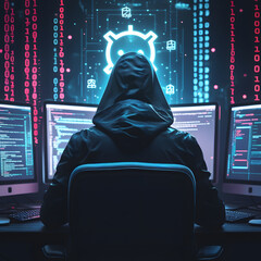 Step into a high-tech hacker workspace designed for cinematic projects, digital content creation, and futuristic design needs. This realistic hacker scene features a dark and moody environment,