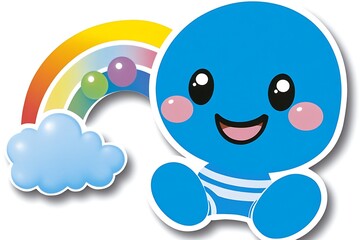 Cute Blue Creature Smiling Beside a Colorful Rainbow Illustration