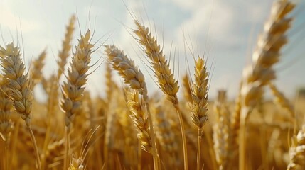 Fototapeta premium Golden wheat stalks swaying in the breeze under a clear summer sky at a rural farm