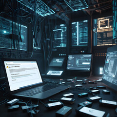 Step into a high-tech hacker workspace designed for cinematic projects, digital content creation, and futuristic design needs. This realistic hacker scene features a dark and moody environment,