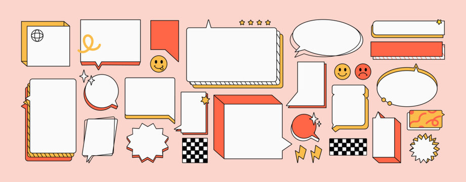 Retro speech bubbles groovy set. Different talk clouds, text boxes, dialogue balloons, message frames with geometric shape. Conversation, chat, online communication. Flat isolated vector illustrations