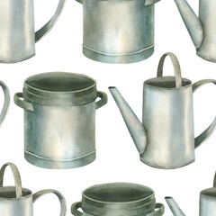 Seamless watercolor pattern. Metal vintage watering can, saucepan, all objects are hand painted with watercolor. Watercolor illustration. Suitable for printing on fabric, paper, decor. © guliy_art