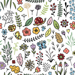 Seamless Pattern of Vector Plants and Flowers
