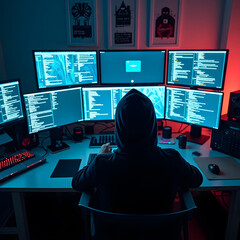 Step into a high-tech hacker workspace designed for cinematic projects, digital content creation, and futuristic design needs. This realistic hacker scene features a dark and moody environment,