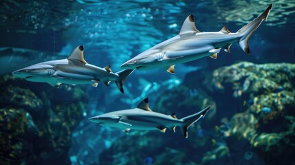 Obraz premium Sharks swim gracefully in an aquarium, showcasing their streamlined bodies and vibrant underwater habitat during daylight hours
