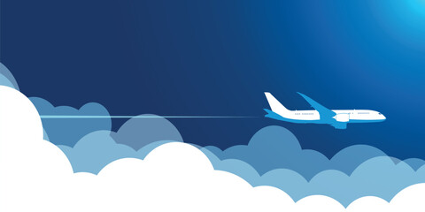 Plane flies in blue sky above clouds, leaving trail behind it. Illustration, editable vector template for webpage heade