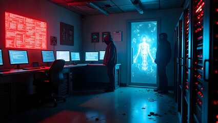 Step into a high-tech hacker workspace designed for cinematic projects, digital content creation, and futuristic design needs. This realistic hacker scene features a dark and moody environment,