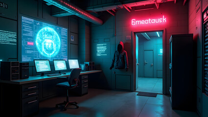 Step into a high-tech hacker workspace designed for cinematic projects, digital content creation, and futuristic design needs. This realistic hacker scene features a dark and moody environment,