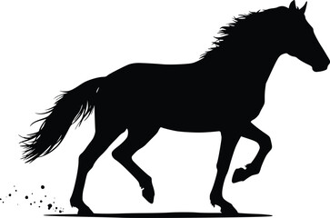 Silhouette of a majestic horse in motion with flowing mane and tail, dust rising from hooves, emphasizing energy and grace