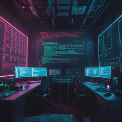 Step into a high-tech hacker workspace designed for cinematic projects, digital content creation, and futuristic design needs. This realistic hacker scene features a dark and moody environment,