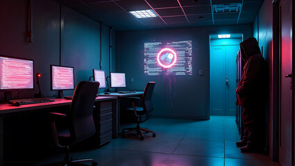 Step into a high-tech hacker workspace designed for cinematic projects, digital content creation, and futuristic design needs. This realistic hacker scene features a dark and moody environment,