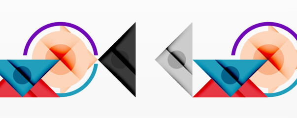 Abstract geometric compositions feature circles, triangles, arcs. Colors include red, blue, orange, purple, gray. Shapes overlap creating dynamic visual interest. Minimalist design.