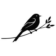 Silhouette of a Bird on a Branch with Leaves Isolated on White Background