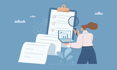 Auditor concept, Analysis of professional financial control,  Female auditor is using magnifying glasses and laptops to check the organization documents, Flat vector illustration.
