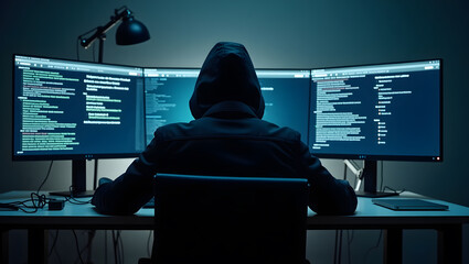 Step into a high-tech hacker workspace designed for cinematic projects, digital content creation, and futuristic design needs. This realistic hacker scene features a dark and moody environment,