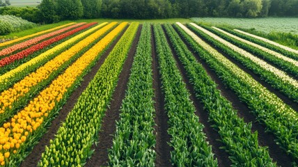 Vibrant Rows of Colorful Tulips in a Cultivated Field