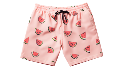 A pair of light pink swim shorts with a small watermelon pattern on a Transparent background PNG