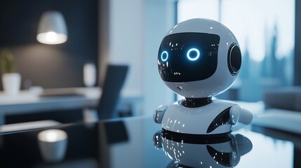 Close-up of an interactive humanoid robot with glowing blue eyes on a polished surface in a modern indoor space with natural light