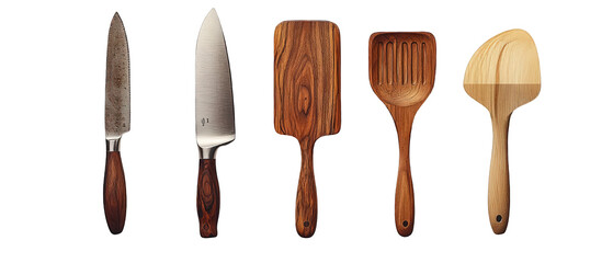 A collection of kitchen utensils including knives and spatulas arranged neatly on a clean surface