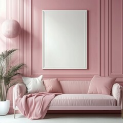 Empty white picture frame mockup on pink wall above a modern pink sofa in a minimalist living room interior