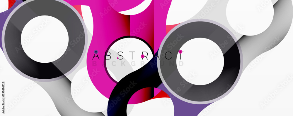 Poster bright overlapping circles create dynamic composition. shades range from gray to vibrant pink, purpl