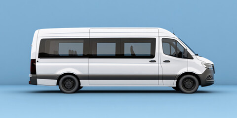 A white passenger van is shown in a side profile view against a light blue background.