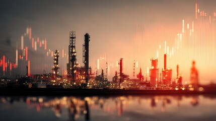 Fototapeta premium Double Exposure of Oil Refinery Plant with Abstract Stock Market Data