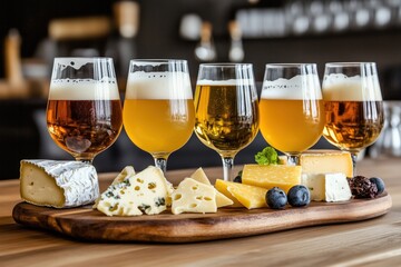 Glasses of refreshing belgian abbey light blonde beer paired with a selection of exquisite belgian cheeses on rustic wooden board