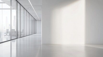 Bright natural light illuminates a wide empty white wall in a modern office hallway, neutral tones, clean minimalist design