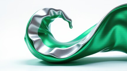 Abstract metallic green and silver wave sculpture with smooth curves. Ecology Logo . Symbol of nature conservation. Recyclable