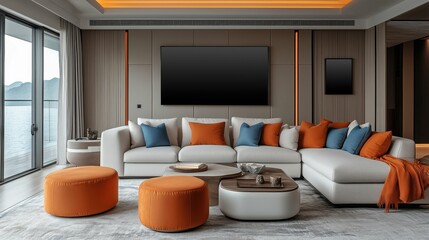 Stylish modern living room interior design with comfortable gray sofa and colorful poufs