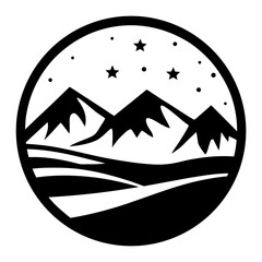 Majestic Mountain Range Under a Starry Night Sky Illustrated in a Circular Design