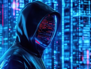 Anonymous cyber hacker in shadowy hood and digital code mask, against futuristic city skyline at night