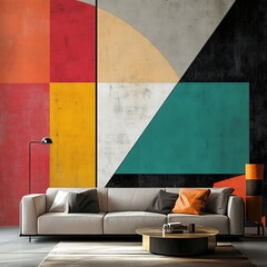 Bold abstract wallpaper with colorful hues in a modern living room high resolution picture