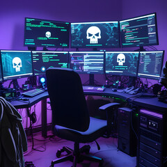 Step into a high-tech hacker workspace designed for cinematic projects, digital content creation, and futuristic design needs. This realistic hacker scene features a dark and moody environment,