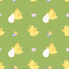 A cartoon vector illustration of easter theme seamless pattern background with easter eggs, easter chicks, spring flowers, tulips and more. Seamless vector pattern with cute chicks, flowers, eggs 