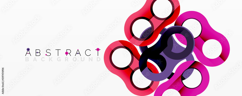 Poster Modern abstract design features overlapping circles, squares. Vibrant pinks, purples, blacks create dynamic composition. Clean white background enhances visual impact.