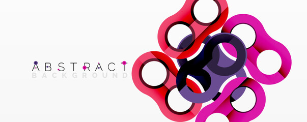 Obraz premium Modern abstract design features overlapping circles, squares. Vibrant pinks, purples, blacks create dynamic composition. Clean white background enhances visual impact.