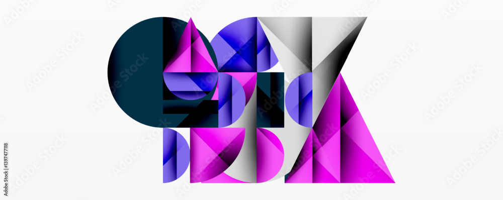 Poster Abstract geometric composition. Shapes overlap, creating dynamic visual effect. Purple, blue, gray tones dominate design. Modern, vibrant aesthetic.