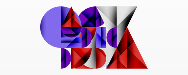 Abstract geometric composition. Shapes overlap, creating dynamic visual effect. Colors include purple, red, blue, white, gray. Modern design elements present.