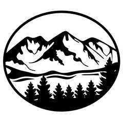 Majestic Mountain Range with Evergreen Forest Scenic View in a Circular Frame