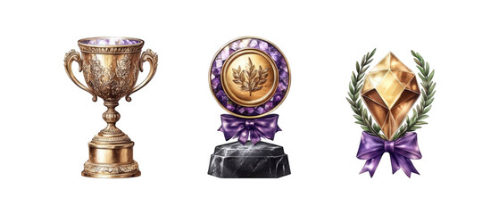 A collection of ornate trophies and awards displayed on a neutral background, symbolizing achievement