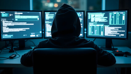 Step into a high-tech hacker workspace designed for cinematic projects, digital content creation, and futuristic design needs. This realistic hacker scene features a dark and moody environment,