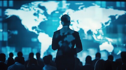 Leader Silhouette Addressing Corporate Audience with Global Background
