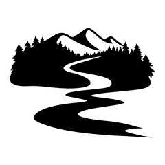 Serene Mountain River Landscape Illustration Black and White Graphic Design