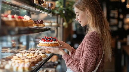 Woman Selecting Delicious Cake at a Bakery