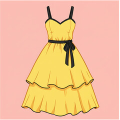 Elegant Yellow Summer Dress Fashion Design Illustration bow art girl belt cute style woman retro    